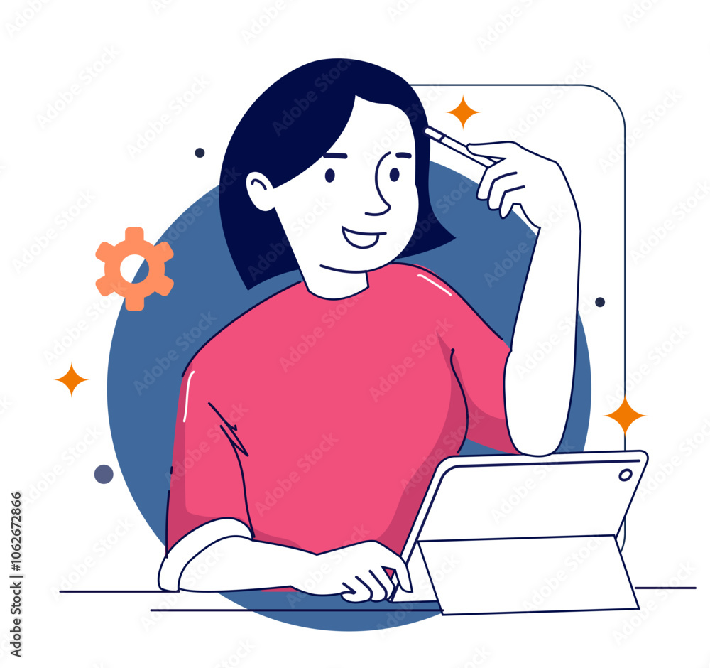 A woman finding Idea illustrations. finding solution, thinking, sharing offers, lightbulbs. Creativity, creation process.