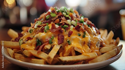 A large plate of loaded French fries topped with melted cheese, bacon bits, and green onions, served in a casual dining setting. photo