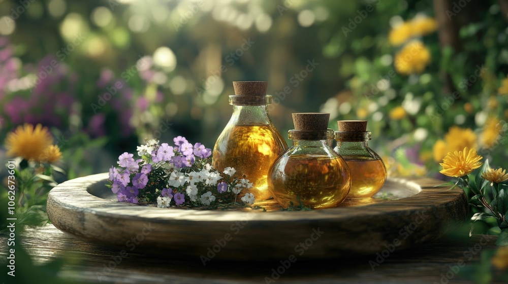 Herbal poultices natural oils and other botanical remedies displayed on a rustic wooden tray representing the practice of traditional natural healing and holistic wellness in a 3D Herbal poultices natural oils and other botanical remedies displayed on a rustic wooden tray representing the practice of traditional natural healing and holistic wellness in a 3D