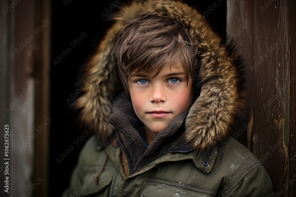 Portrait of a boy in a winter jacket and fur coat. Portrait of a boy in a winter jacket and fur coat.