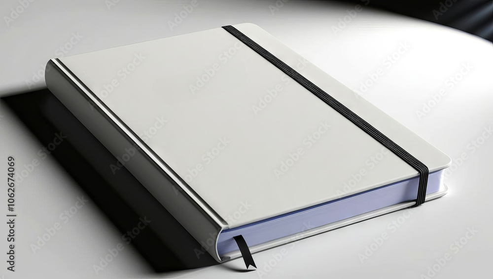 A sleek, closed white notebook with a black elastic band resting on a smooth, slightly illuminated surface. A sleek, closed white notebook with a black elastic band resting on a smooth, slightly illuminated surface.