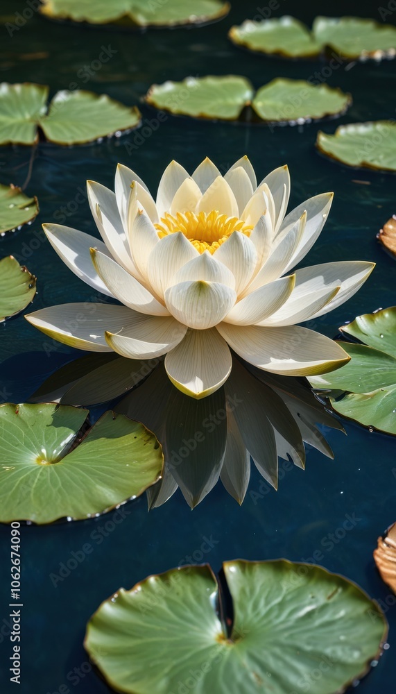A serene composition featuring a pristine white lotus with dew-kissed petals and gold trimmings, floating gracefully on calm blue waters. A serene composition featuring a pristine white lotus with dew-kissed petals and gold trimmings, floating gracefully on calm blue waters.