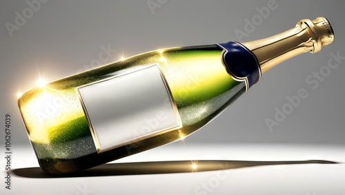 A sparkling champagne bottle lies on its side, gleaming under soft light, with a blank label clearly visible for customization. photo