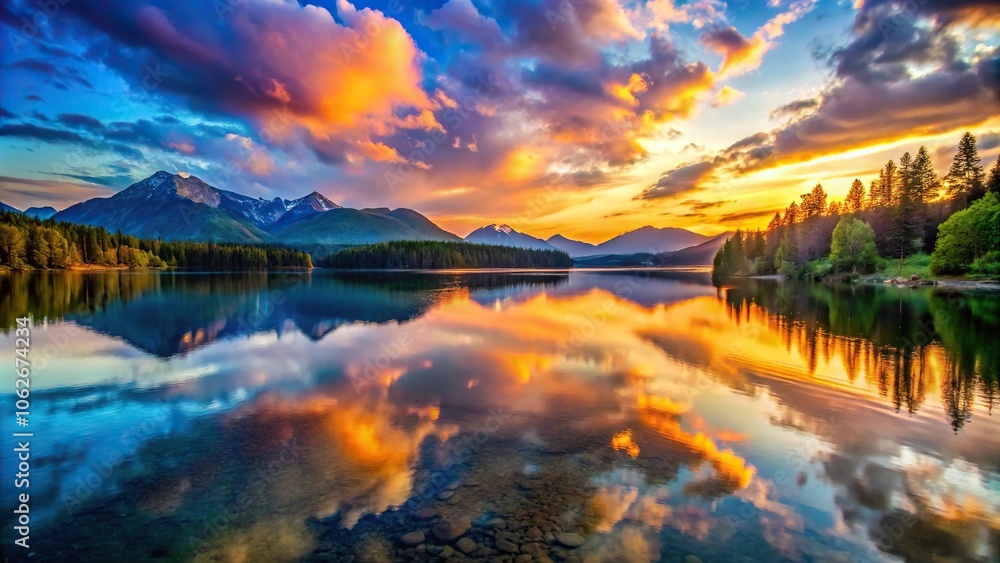 Obraz premium Wide-angle sunset over calm lake with colorful reflections, mountains in background landscape photography wallpaper