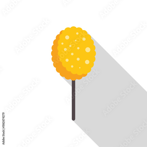 Round yellow lollipop with holes on a stick casting a long shadow on a white background