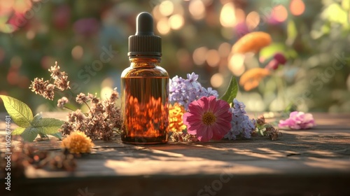 Essential oils and dried flowers arranged on a rustic wooden table creating a serene and holistic healing setup for aromatherapy natural skincare or meditation