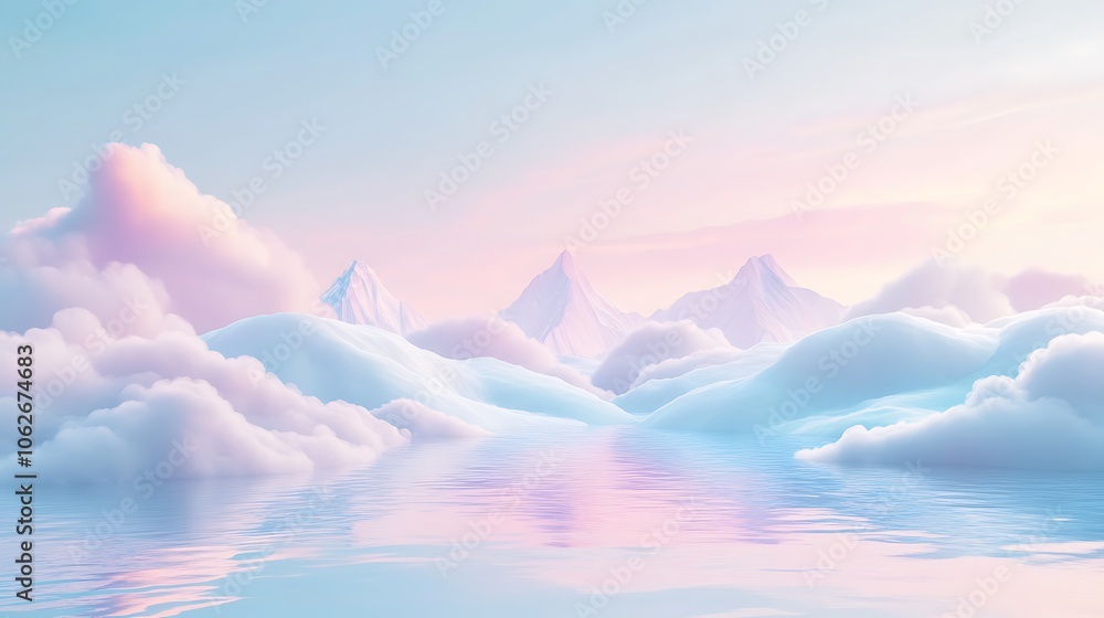 A Surreal Landscape of White Mountains and Clouds Reflected in a Still, Pastel-Colored Water A Surreal Landscape of White Mountains and Clouds Reflected in a Still, Pastel-Colored Water