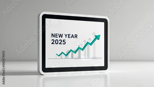 A digital display shows "New Year 2025" with a rising graph, symbolizing growth and optimism for the upcoming year.