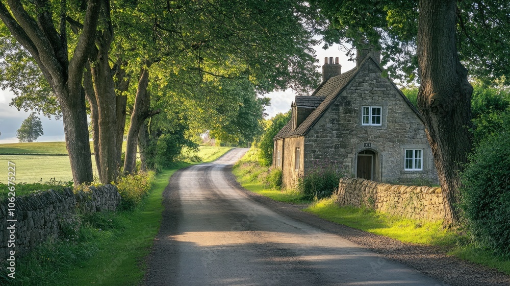 A quiet country lane lined with trees, leading to an old stone cottage. A quiet country lane lined with trees, leading to an old stone cottage.