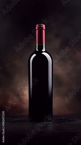 Elegant black wine bottle with a red foil cap against a dark, moody background.