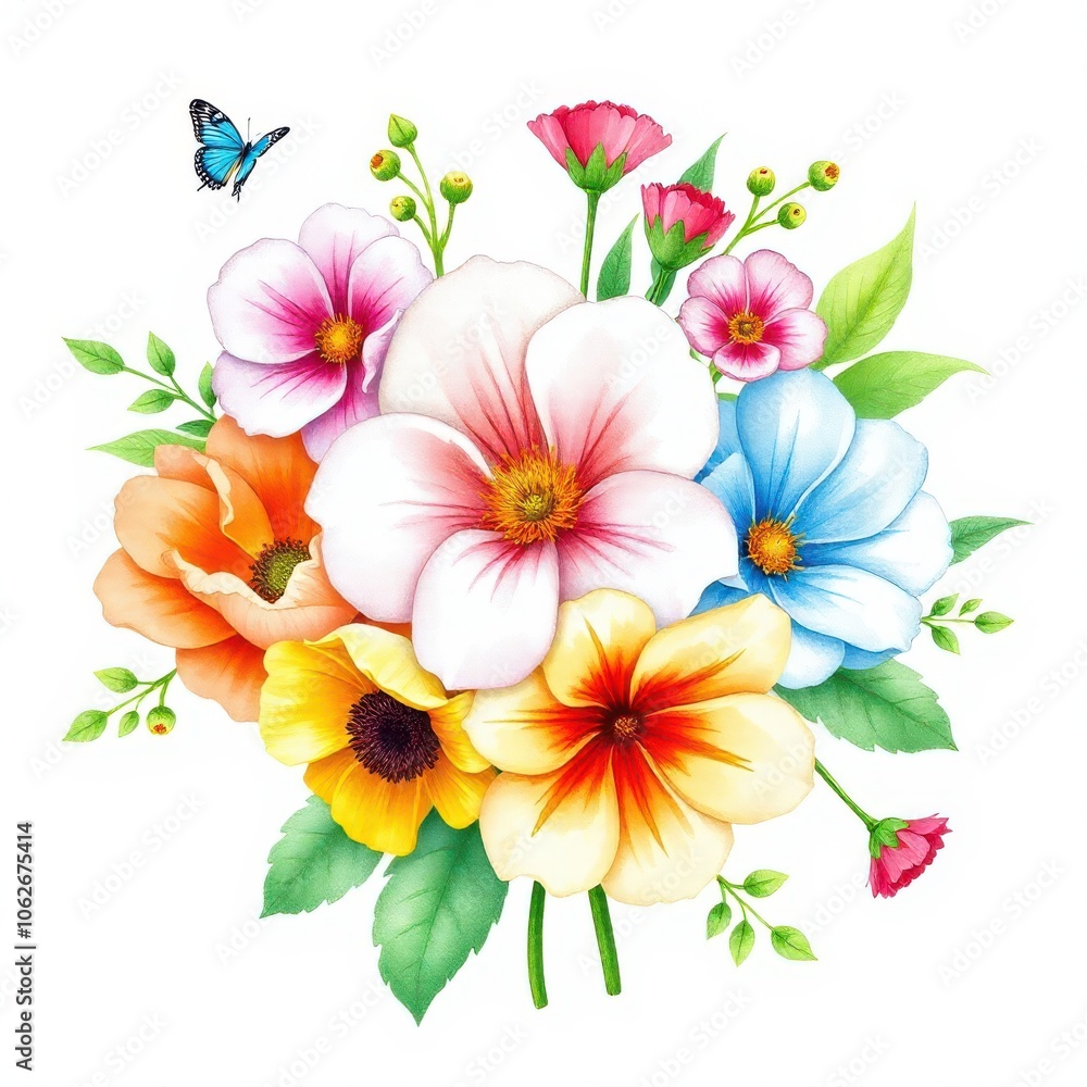 A watercolor bouquet of spring flowers, isolated on a white background A watercolor bouquet of spring flowers, isolated on a white background