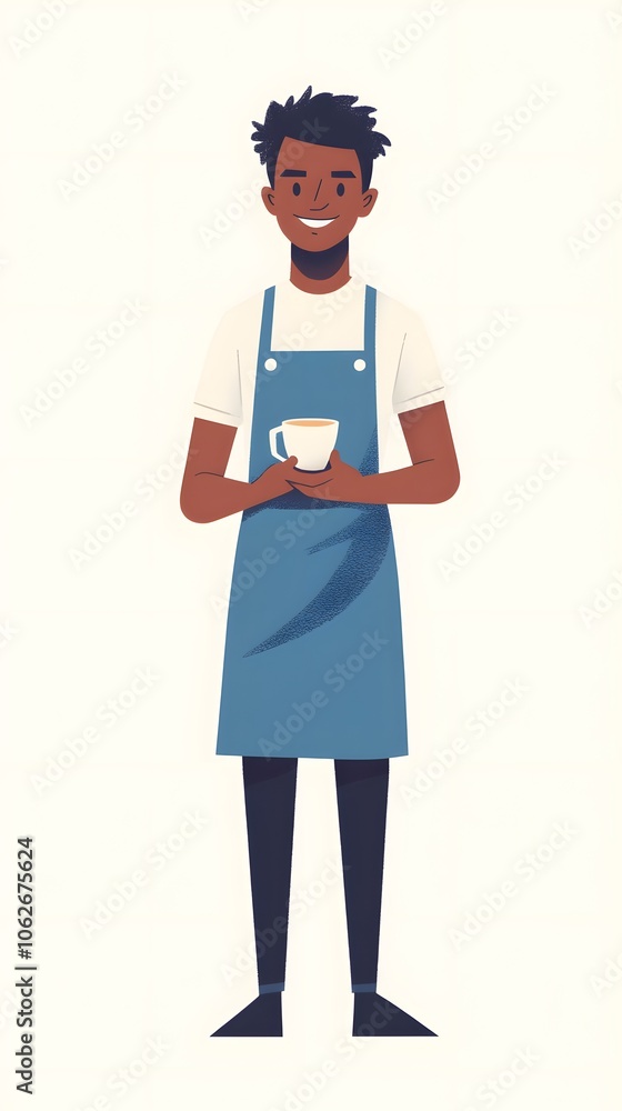 Young Black male barista in apron, holding a cup with a friendly smile. Young Black male barista in apron, holding a cup with a friendly smile.