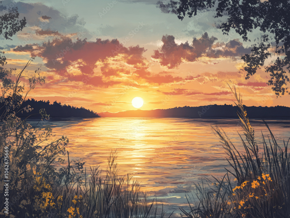 A peaceful sunset view over the water, filled with hues that evoke a feeling of relaxation. A peaceful sunset view over the water, filled with hues that evoke a feeling of relaxation.