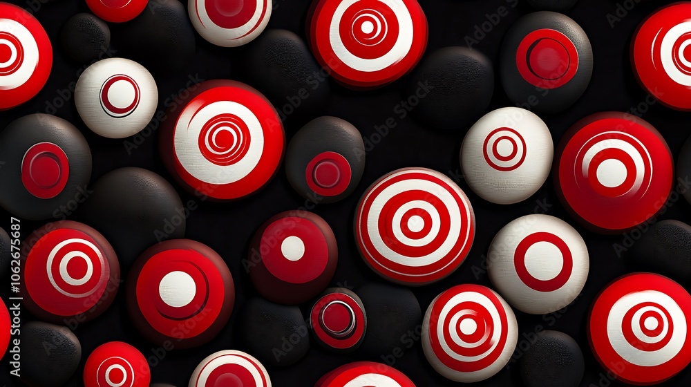 Pattern of peppermint-inspired circles with red and white swirls on a jet-black background, scattered at random sizes. Bold contrast with soft luminous edges, hd quality, vibrant lighting. Pattern of peppermint-inspired circles with red and white swirls on a jet-black background, scattered at random sizes. Bold contrast with soft luminous edges, hd quality, vibrant lighting.