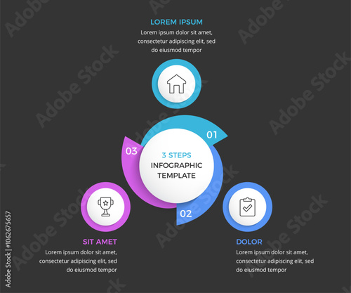 Circle infographic template with 3 elements, dark background, vector eps10 illustration