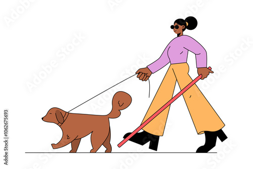 Blind Girl Walking with Guide Dog Illustration