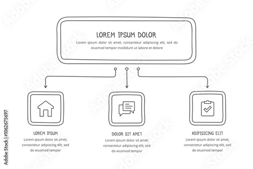 Hand drawn flow chart template with three elements, doodle infographics, vector eps10 illustration