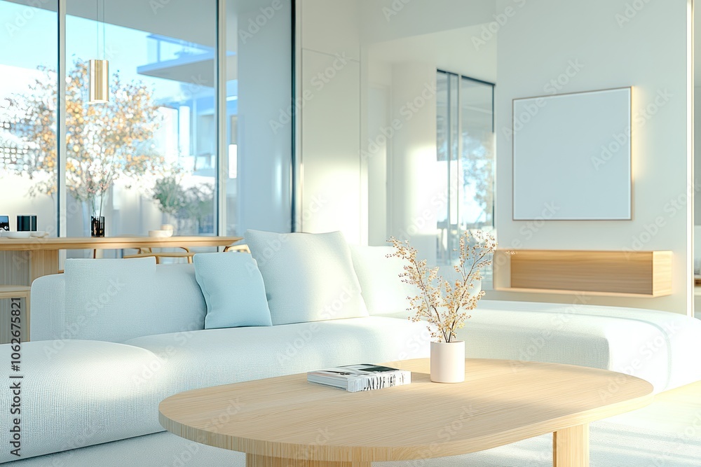 Fototapeta premium Modern Living and Dining Room with Mint Pillows and Wooden Furniture, Featuring a Flower Pot - Interior Design