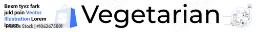 Text describing Vegetarian with a small blue shopping bag and a circular cooking scene. Ideal for food, health, diet, shopping, and lifestyle content. Black, blue, and white. Landing page