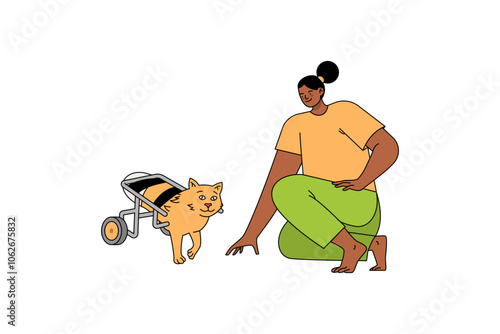 Woman and Cat with Wheelchair Playing Illustration