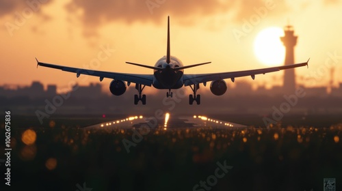 Side view of an airplane descending towards the runway with the control tower visible in the background against a dramatic sky at sunset The cityscape is visible in the distance