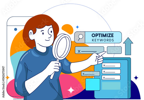 Obraz na płótnie Business concept illustrations. Seo analysis modern flat concept for web banner design. Woman analyst studies data, selects keywords and optimizes site for popular search queries w salonie