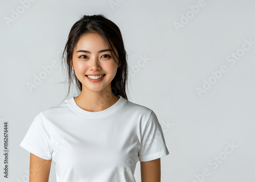 A woman with a white shirt is smiling and looking at the camera. She has a beautiful smile and her eyes are bright