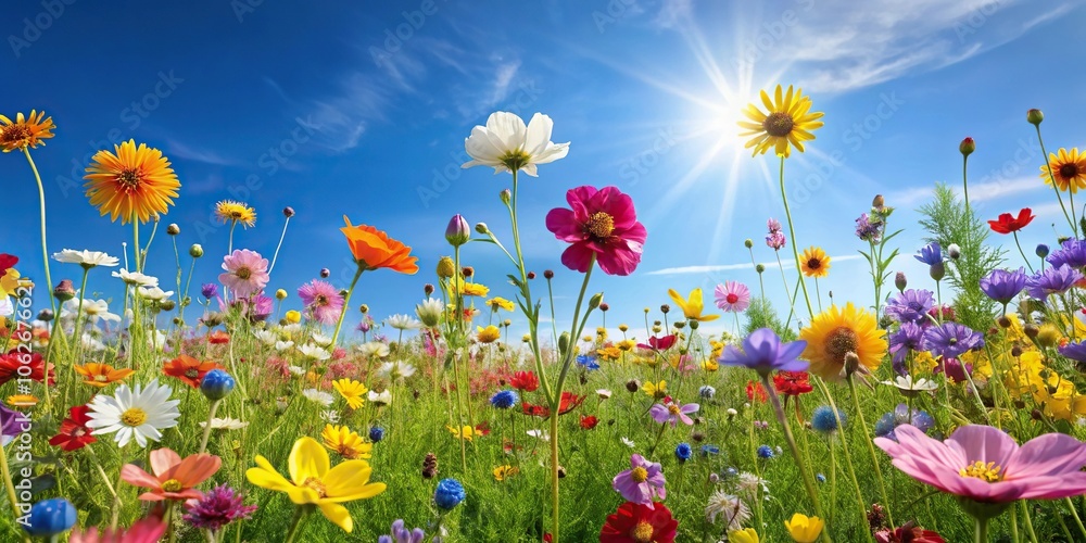 A vibrant field of colorful wildflowers swaying gently in the breeze against a clear blue sky with a subtle gradient effect, botanical, field, garden, meadow A vibrant field of colorful wildflowers swaying gently in the breeze against a clear blue sky with a subtle gradient effect, botanical, field, garden, meadow