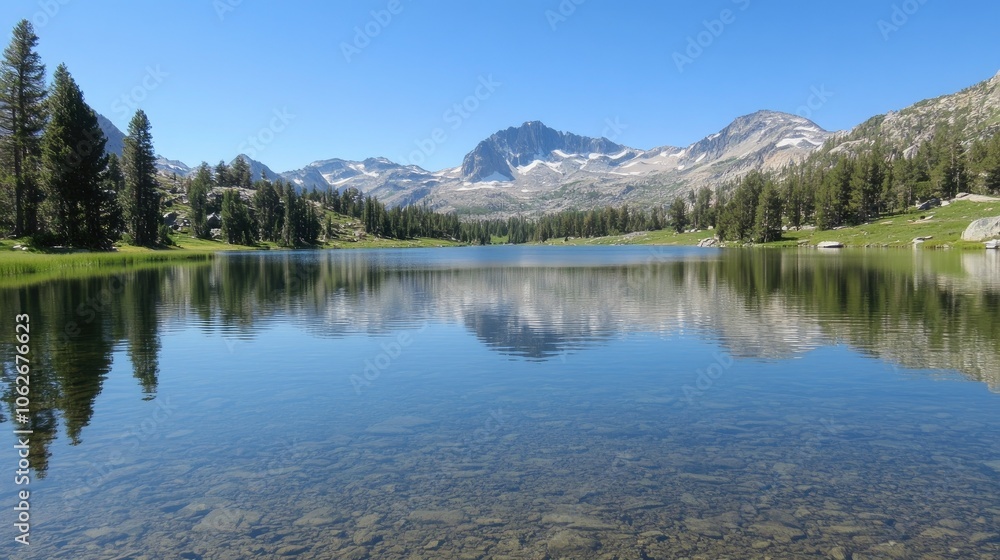 A serene lake with crystal-clear water reflecting the surrounding mountains, trees, and sky. A serene lake with crystal-clear water reflecting the surrounding mountains, trees, and sky.