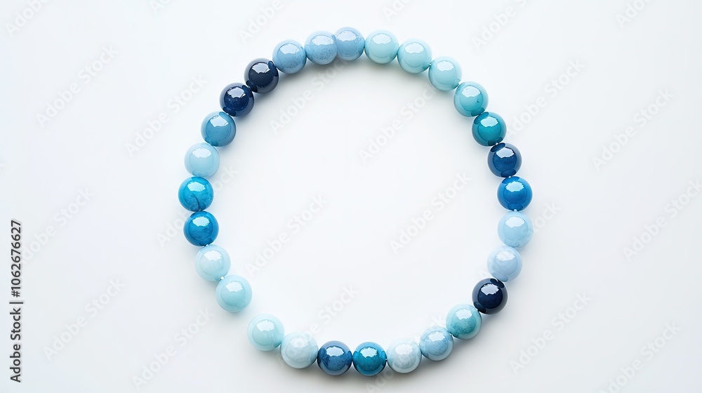 A single bead necklace laid out in a circle, with each bead a different shade of blue, against a minimalist white backdrop. A single bead necklace laid out in a circle, with each bead a different shade of blue, against a minimalist white backdrop.