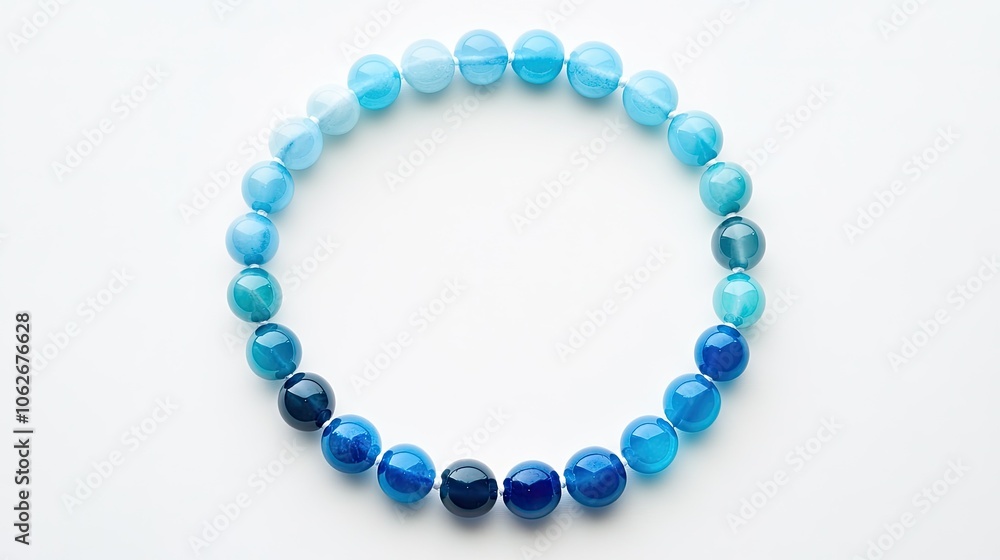 A single bead necklace laid out in a circle, with each bead a different shade of blue, against a minimalist white backdrop. A single bead necklace laid out in a circle, with each bead a different shade of blue, against a minimalist white backdrop.