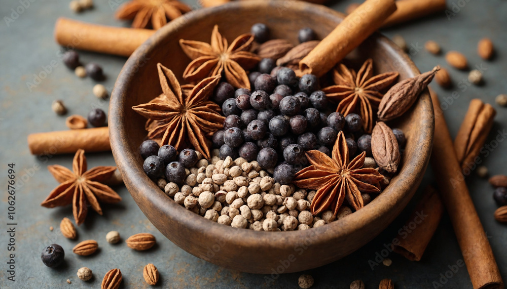 Assorted spices in a wooden bowl with cinnamon sticks on a textured background Assorted spices in a wooden bowl with cinnamon sticks on a textured background