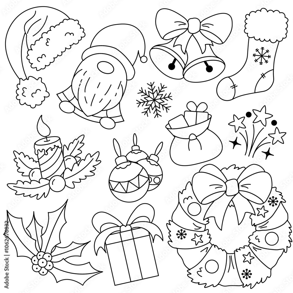 Cute hand-drawn Christmas doodle set icons. Ideal for coloring books, stamps, invitations, and others. Cute hand-drawn Christmas doodle set icons. Ideal for coloring books, stamps, invitations, and others.