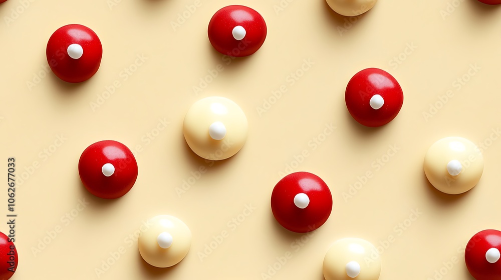 Peppermint-inspired red and white dots on a warm cream background, minimalist design with soft shadows. Each dot has a slight gradient for depth, hd quality, warm, festive lighting. --ar 16:9 --tile Peppermint-inspired red and white dots on a warm cream background, minimalist design with soft shadows. Each dot has a slight gradient for depth, hd quality, warm, festive lighting. --ar 16:9 --tile
