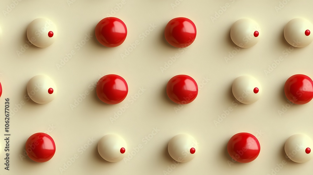 Peppermint-inspired red and white dots on a warm cream background, minimalist design with soft shadows. Each dot has a slight gradient for depth, hd quality, warm, festive lighting. --ar 16:9 --tile Peppermint-inspired red and white dots on a warm cream background, minimalist design with soft shadows. Each dot has a slight gradient for depth, hd quality, warm, festive lighting. --ar 16:9 --tile