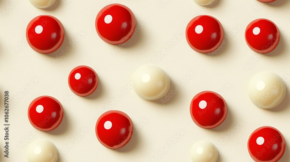Peppermint-inspired red and white dots on a warm cream background, minimalist design with soft shadows. Each dot has a slight gradient for depth, hd quality, warm, festive lighting. --ar 16:9 --tile Peppermint-inspired red and white dots on a warm cream background, minimalist design with soft shadows. Each dot has a slight gradient for depth, hd quality, warm, festive lighting. --ar 16:9 --tile