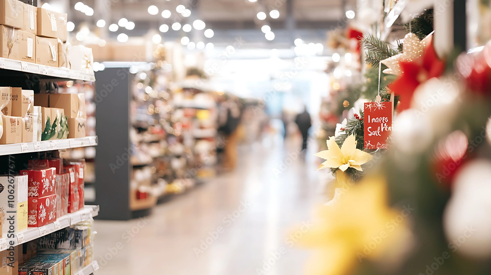 Supermarket blur background with bokeh light. Christmas shopping concept Supermarket blur background with bokeh light. Christmas shopping concept