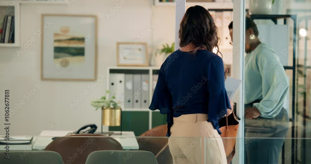 Woman, document and walking in waiting room for interview process, job vacancy and resume information. People, ready and paperwork with legal cv, recruitment schedule and hiring survey of opportunity Woman, document and walking in waiting room for interview process, job vacancy and resume information. People, ready and paperwork with legal cv, recruitment schedule and hiring survey of opportunity