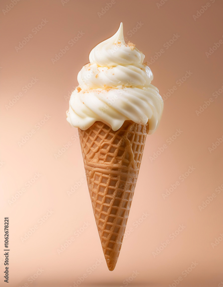 Ice cream cone floating or flying isolated on biege background Ice cream cone floating or flying isolated on biege background