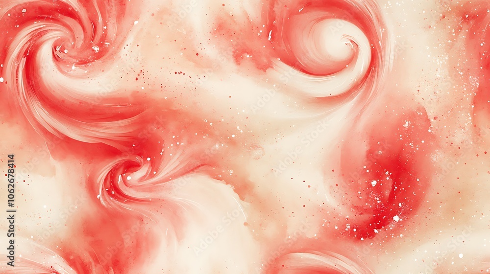 Obraz premium A delicate peppermint pattern in soft watercolor, faded red and white swirls with blurred edges, resting on a warm cream background. Dreamy and whimsical, hd quality, warm, gentle lighting.