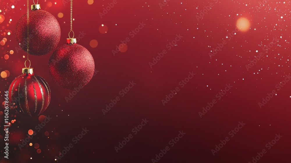 Christmas background with red Christmas ornaments on a bokeh of lights, with space for text. Christmas background with red Christmas ornaments on a bokeh of lights, with space for text.
