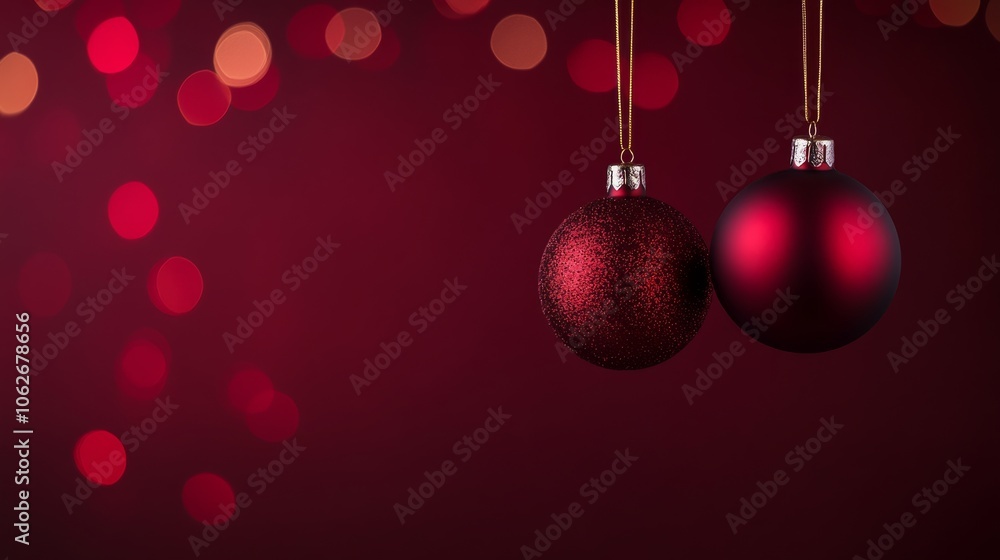 Christmas background with red Christmas ornaments on a bokeh of lights, with space for text. Christmas background with red Christmas ornaments on a bokeh of lights, with space for text.