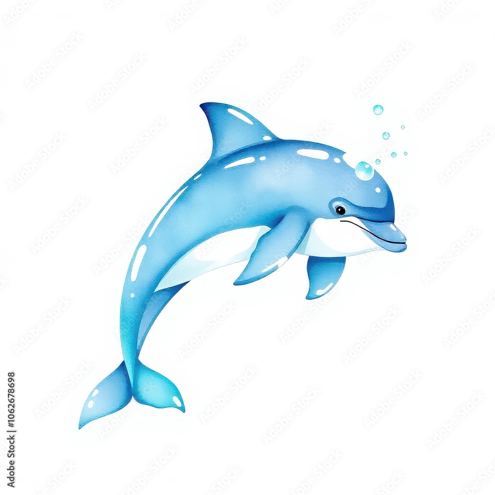 Fototapeta premium Watercolor illustration of a playful dolphin, isolated on a white background