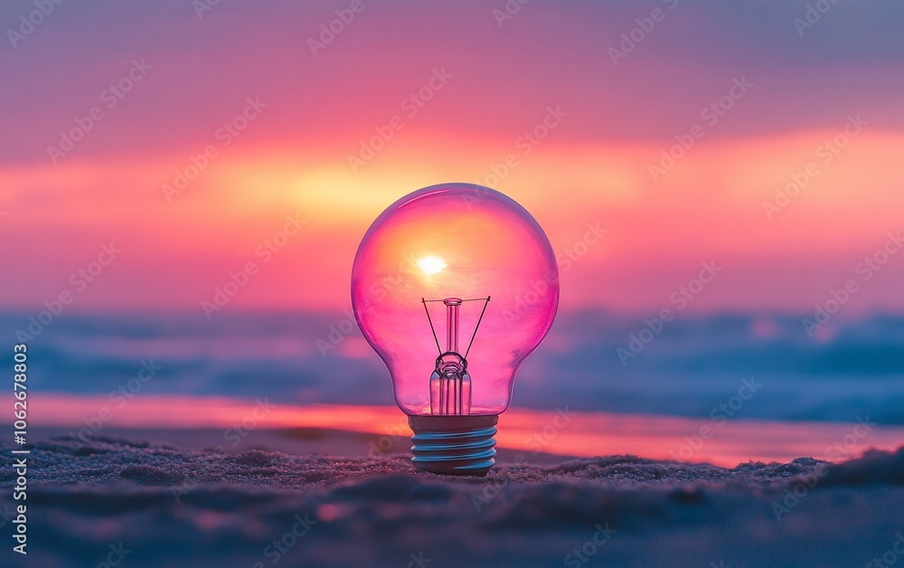 Light bulb on the beach with sunset reflected inside. Light bulb on the beach with sunset reflected inside.