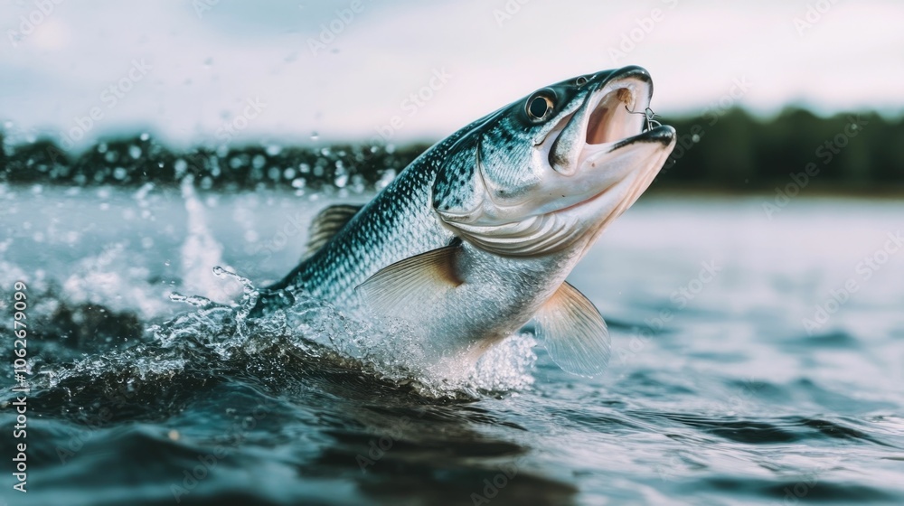 Dramatic image of a fish leaping up from the water with a visible fishing hook and line creating a powerful splash and dynamic motion Dramatic image of a fish leaping up from the water with a visible fishing hook and line creating a powerful splash and dynamic motion