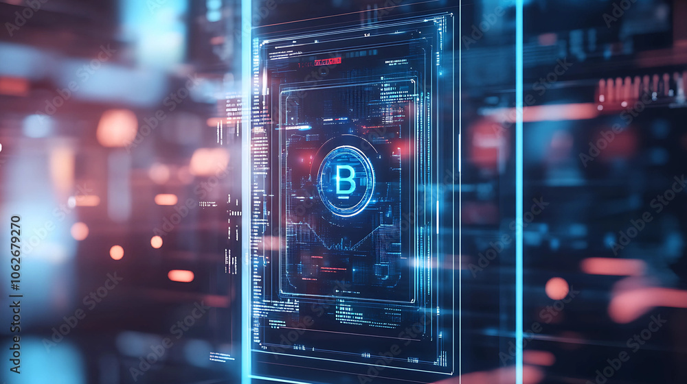 Fototapeta premium Futuristic glowing bitcoin interface. 3d rendering toned image double exposure