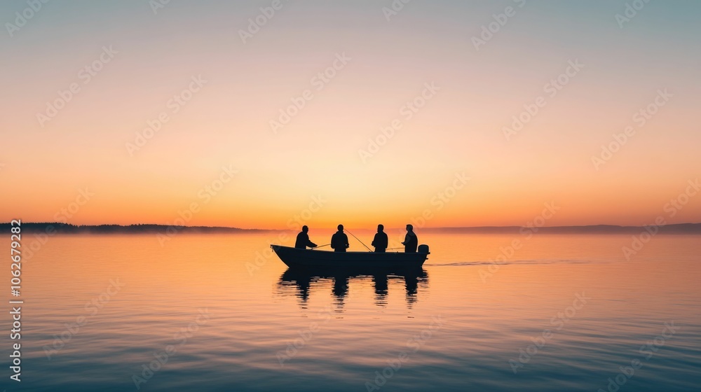 A group of friends enjoying a peaceful fishing trip on a serene lake surrounded by a breathtaking sunset landscape The calm waters reflect the warm A group of friends enjoying a peaceful fishing trip on a serene lake surrounded by a breathtaking sunset landscape The calm waters reflect the warm