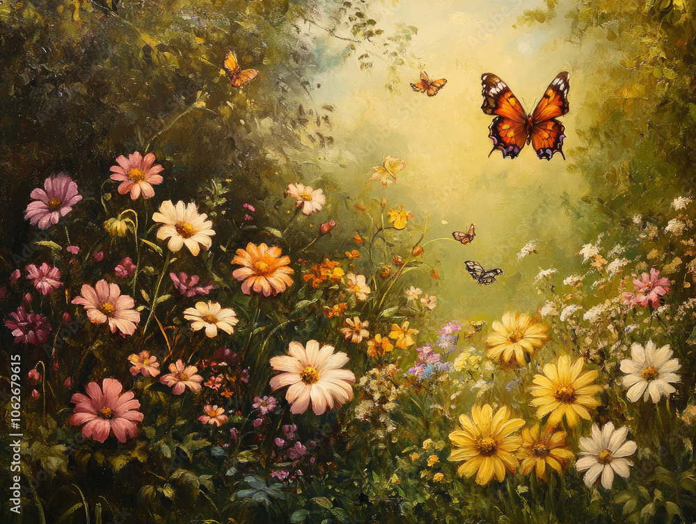 A serene garden filled with blossoming flowers A serene garden filled with blossoming flowers