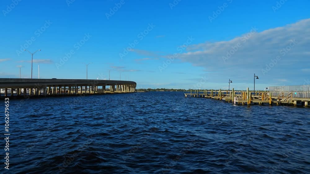 Bradenton, Florida, USA: 11 04 2024: Bridge over manatee river and riverwalk of bradenton Bradenton, Florida, USA: 11 04 2024: Bridge over manatee river and riverwalk of bradenton
