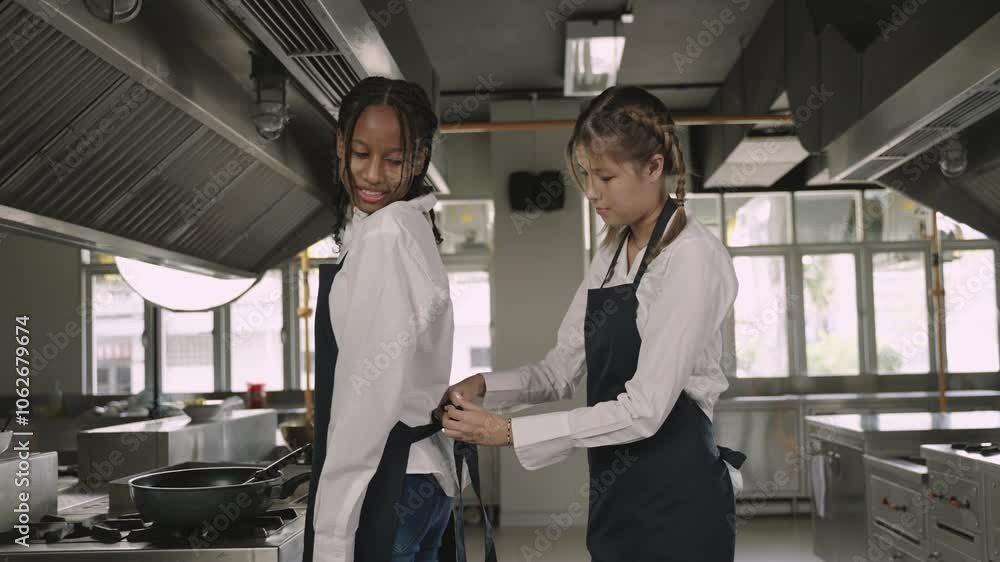 Happy African American young female chef worker and her Caucasian woman friend help each other put on and tie apron having fun and cheerful before working starts in the kitchen at the restaurant. Happy African American young female chef worker and her Caucasian woman friend help each other put on and tie apron having fun and cheerful before working starts in the kitchen at the restaurant.